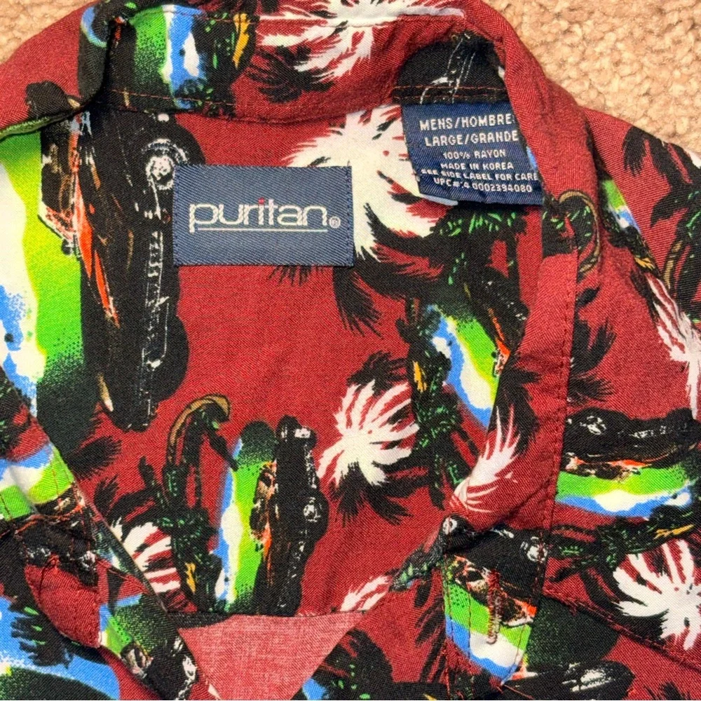 Puritan Hawaiian Shirt Mens Large Red Tropical Cars Palm Tree Button Up - Picture 2 of 6